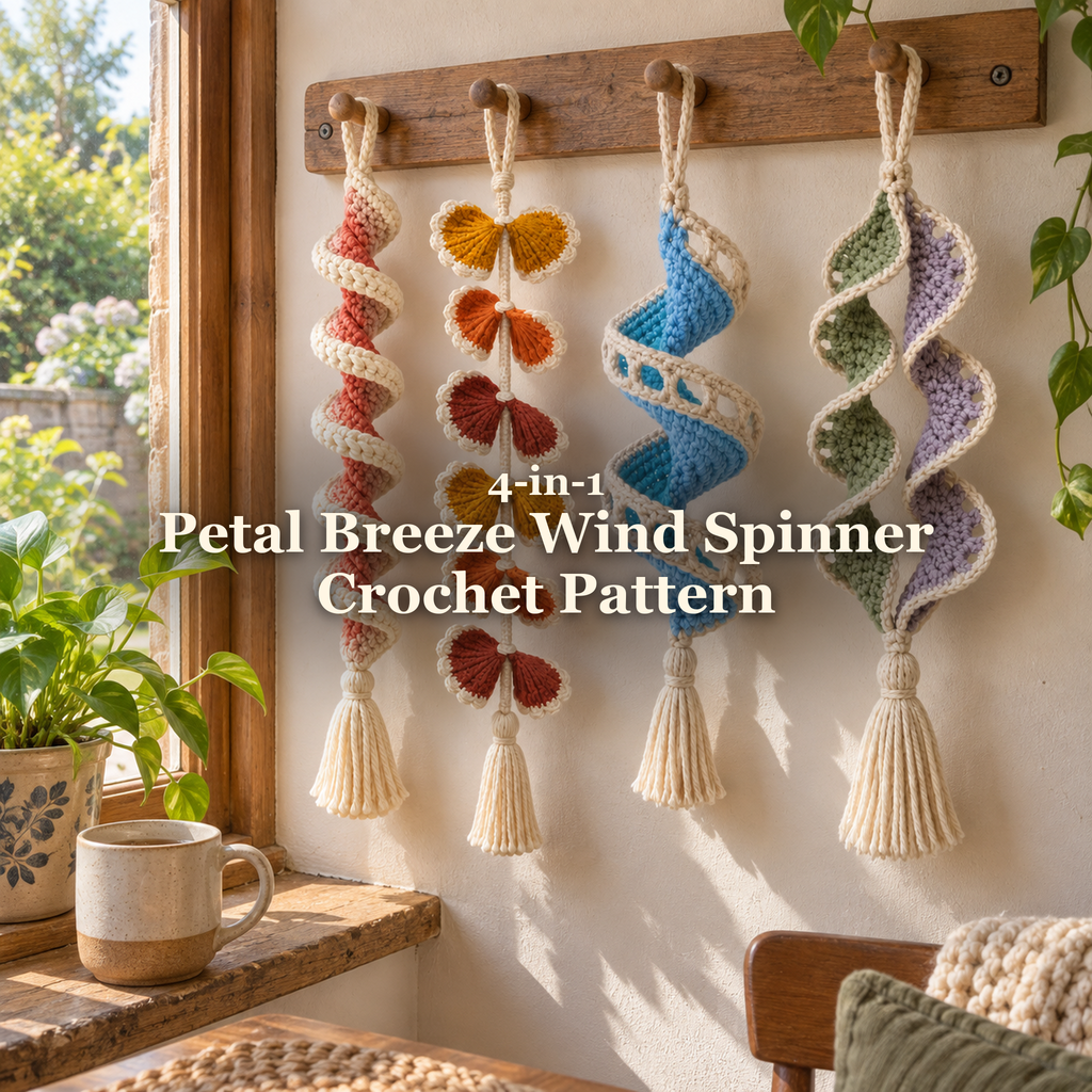 Four crochet wind spinners in blush, warm gold and rust, sky blue, and sage with lavender hang beside a wooden-framed window, with the Petal Breeze Wind Spinner Crochet Pattern title across the centre.