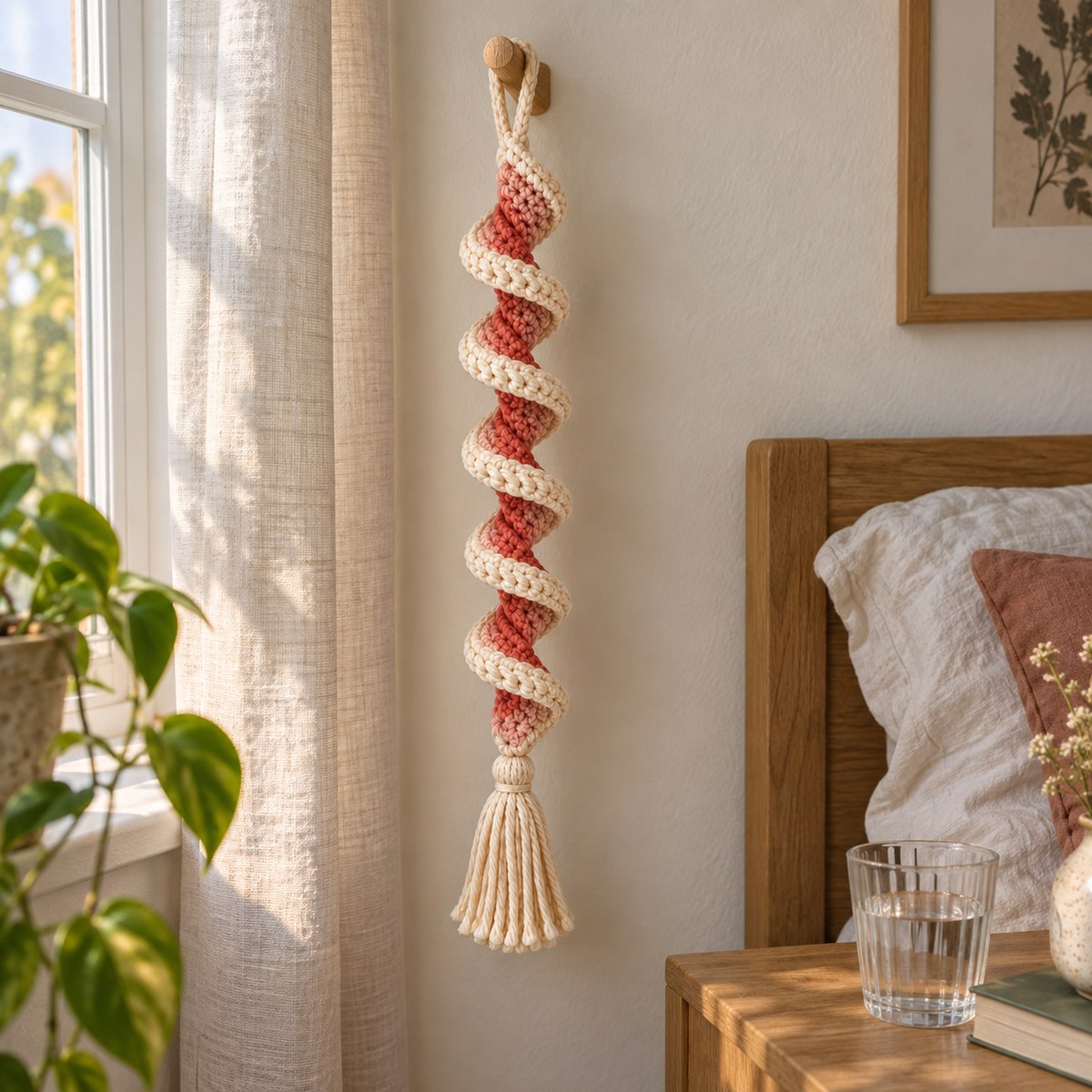 A blush and cream spiral crochet wind spinner hangs beside a bedroom window with a linen curtain and a bedside water glass.