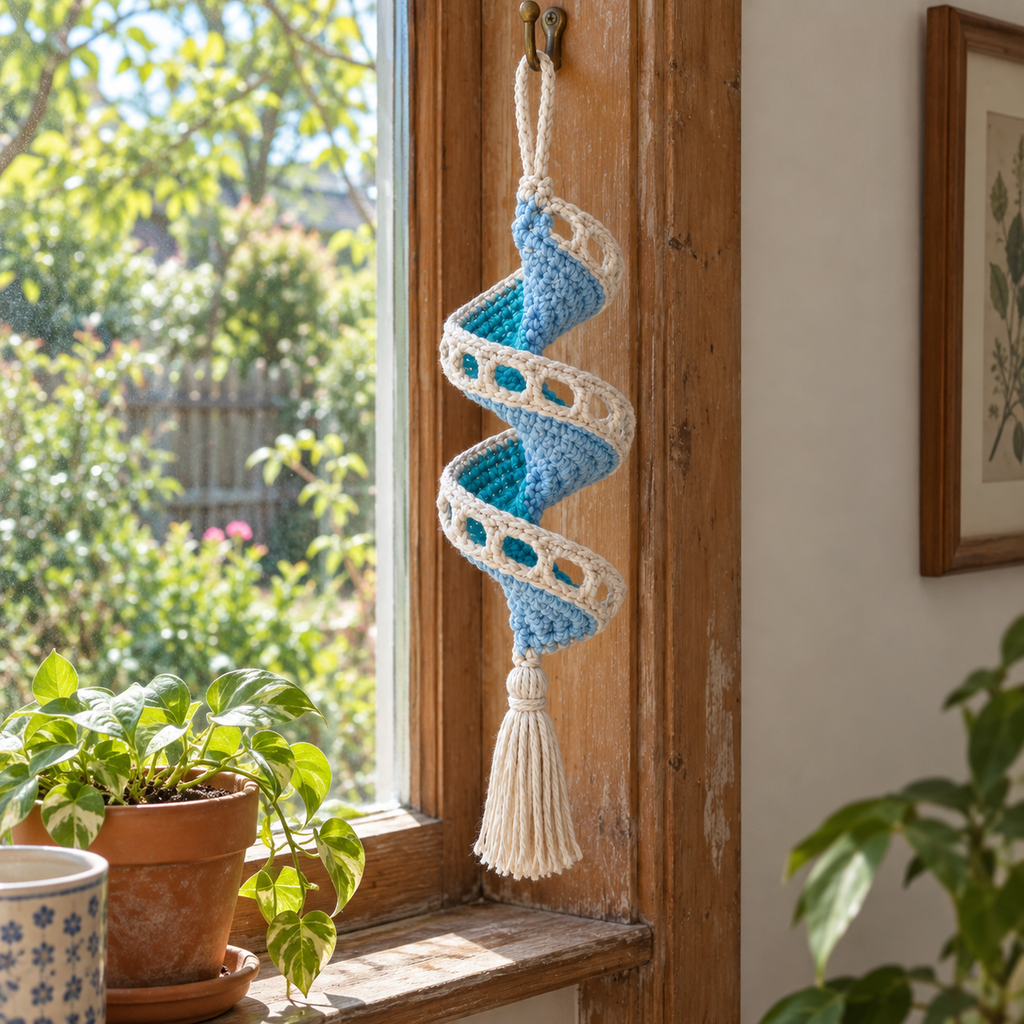 A sky-blue crochet helix with an open cream border and cream tassel hangs in a wooden window reveal above a plant-filled sill.