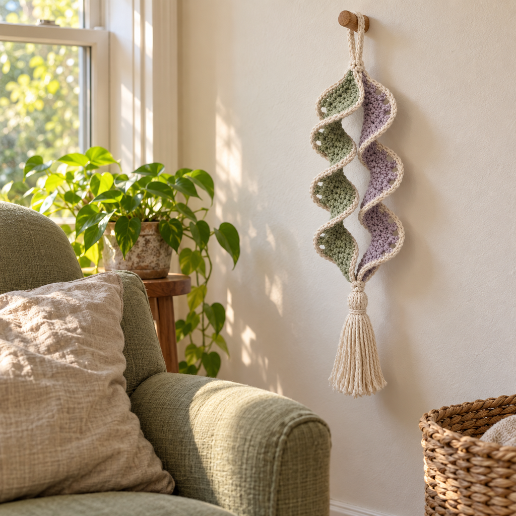 Sage-green and lavender crochet ribbons with cream edging hang beside a sunlit reading chair, a leafy plant, and a wicker basket.