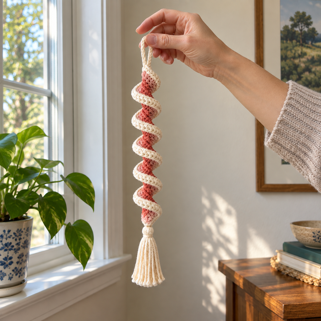 An adult hand holds the cream loop of a finished blush and cream spiral crochet wind spinner beside a living-room window.