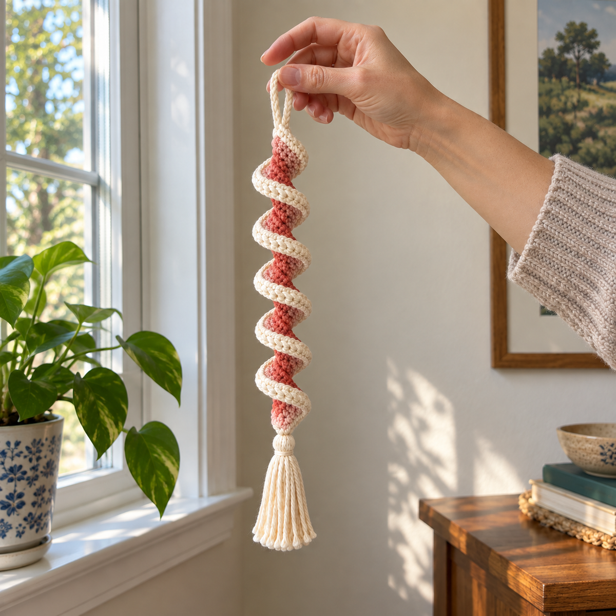 An adult hand holds the cream loop of a finished blush and cream spiral crochet wind spinner beside a living-room window.