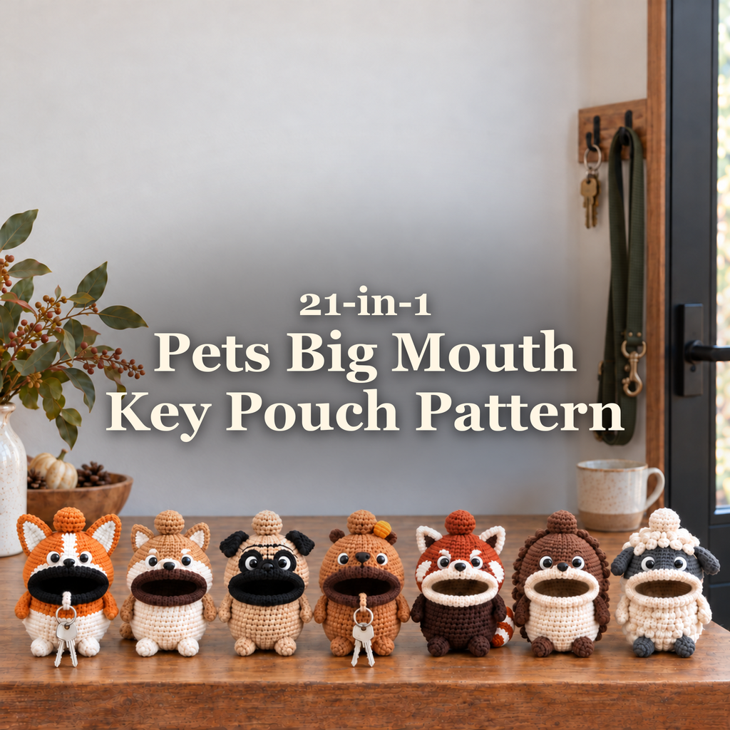 Seven crochet animal key pouches on a cosy entryway console beneath the title 21-in-1 Pets Big Mouth Key Pouch Pattern.