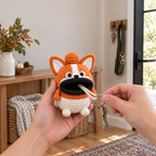 An adult hand holds an orange-and-white Corgi crochet key pouch while the other hand pulls a key ring with two keys from its open black-rimmed mouth.