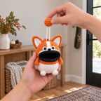 The same Corgi crochet pouch rests in an adult hand as the other hand lifts its orange crown ball, revealing two chain strands with the keys tucked inside the empty mouth.