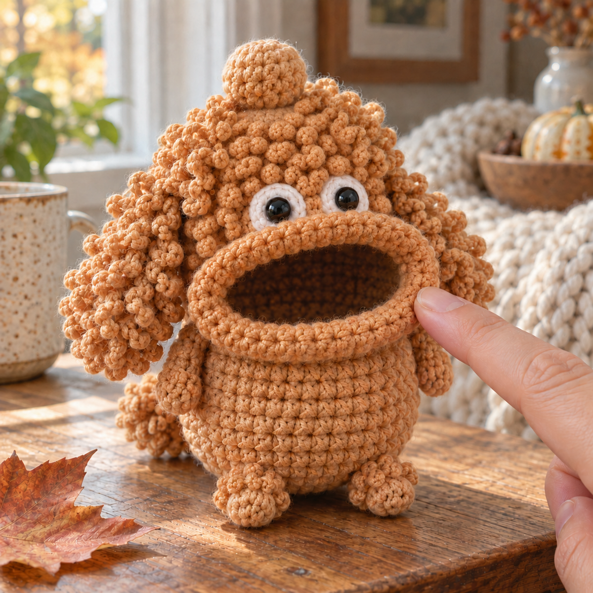 A fingertip touches the thick rolled lip of an apricot Poodle crochet key pouch, showing its curly ears, cotton stitches and open hollow mouth.