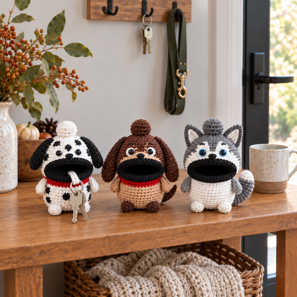 Dalmatian, Dachshund and Husky crochet key pouches stand on a hallway table beneath key hooks and a dog lead, with two keys extending from the Dalmatian mouth.