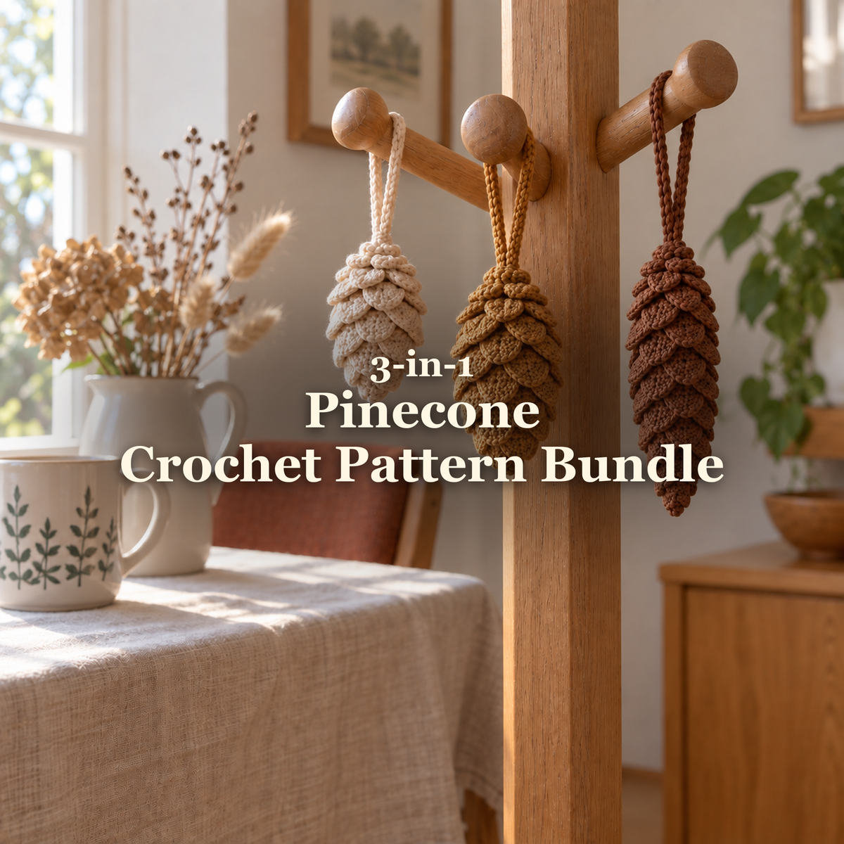 Ivory, ochre and chestnut crochet pinecone ornaments hanging from wooden pegs in a dining corner, with the Pinecone Crochet Pattern Bundle title.