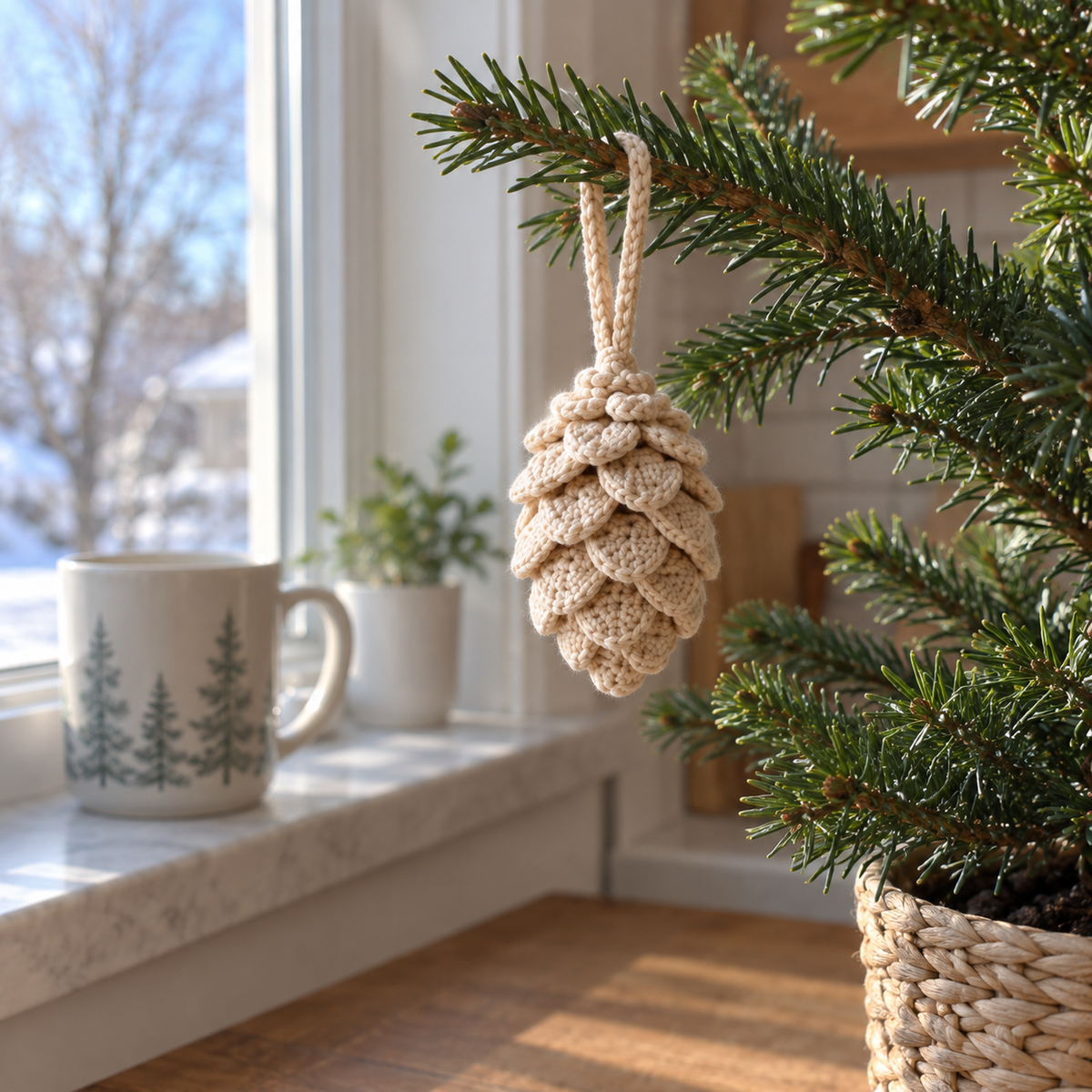 A small ivory crochet pinecone with layered rounded scales hanging on an evergreen twig by a kitchen window.