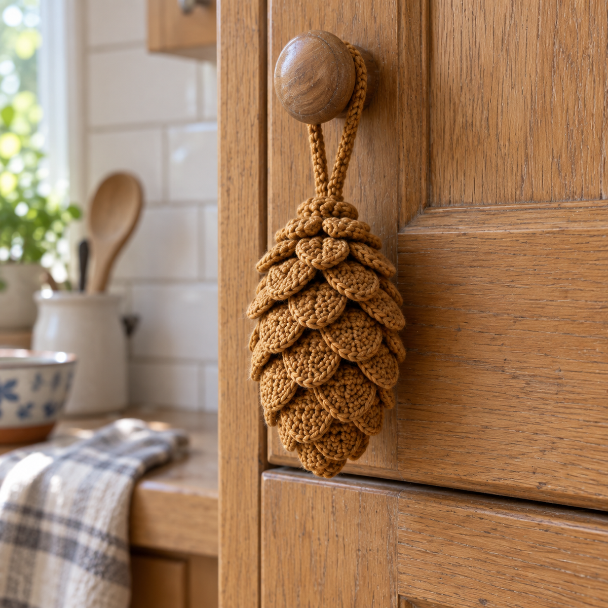 An ochre crochet pinecone with overlapping scales hanging from a wooden kitchen cupboard knob.