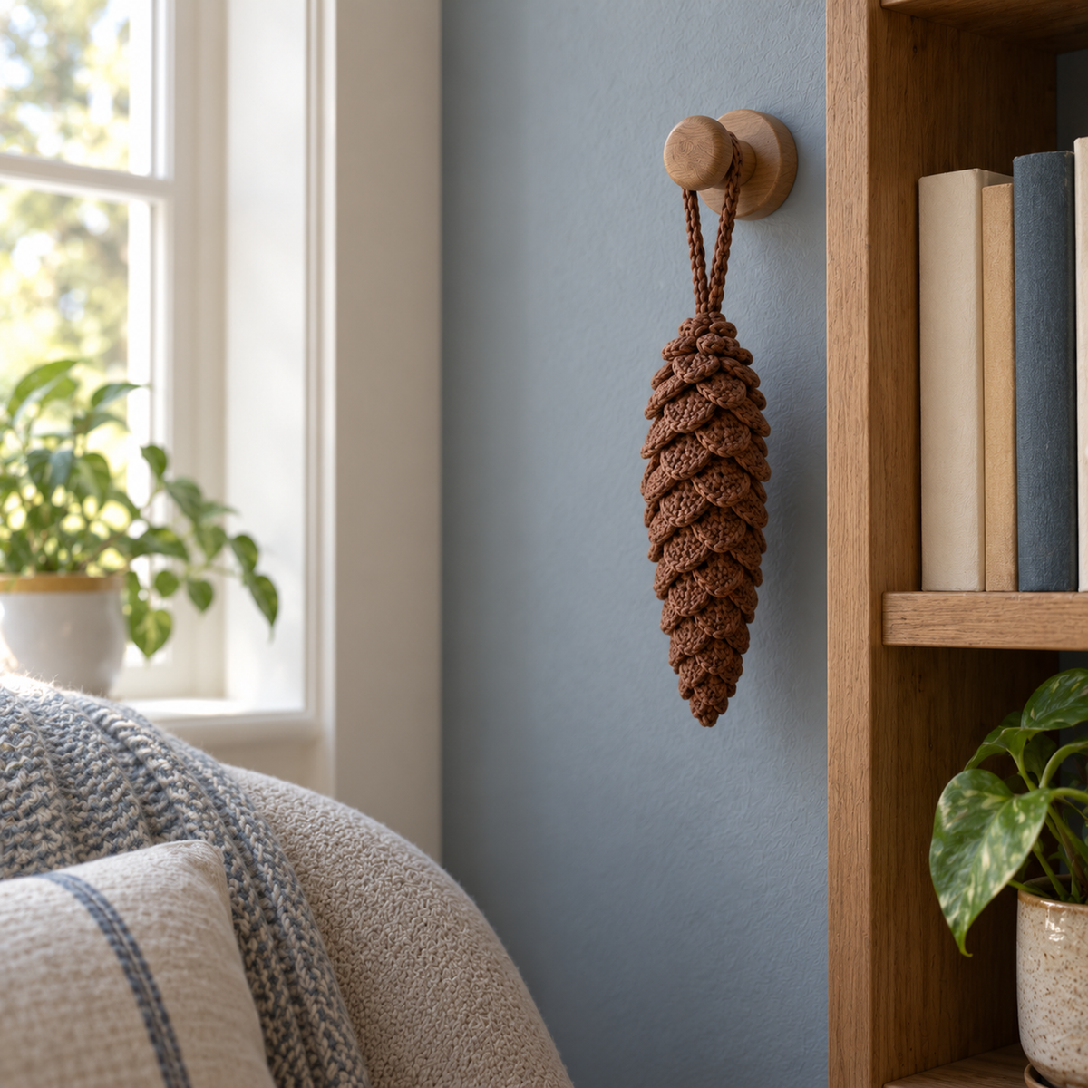 An elongated chestnut crochet pinecone hanging from a wooden peg beside books in a reading corner.