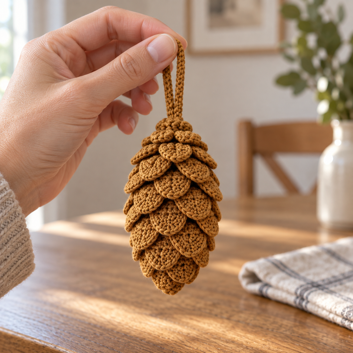 An adult hand holding the yarn loop of a finished ochre crochet pinecone, showing its layered scales.