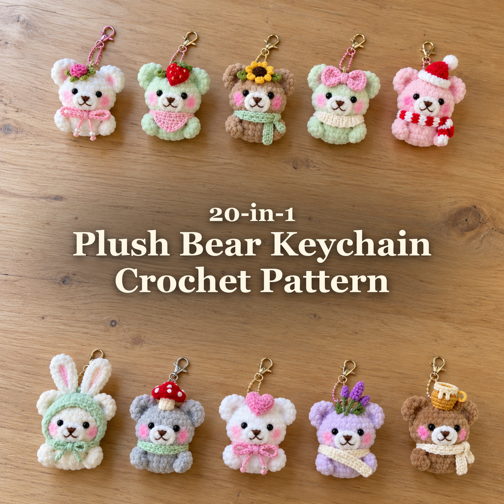Ten plush crochet bear keychains on a wooden table beneath the title 20-in-1 Plush Bear Keychain Crochet Pattern.