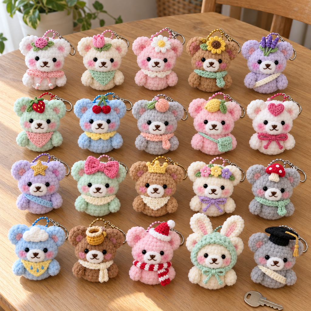 Twenty distinct crochet bear keychains in four rows on a wooden table, with flowers, fruit, bows, hats and matching neck accessories.