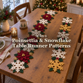 A burgundy poinsettia and ivory snowflake crochet runner beside a cream and gold snowflake runner on a wooden Christmas dining table, with the product title.