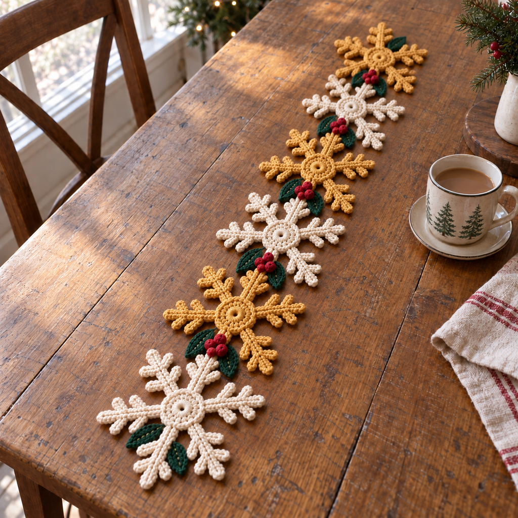 Snowflake Garland crochet table runner with alternating ivory and muted gold six-ray motifs, green leaves and red crochet berry clusters.