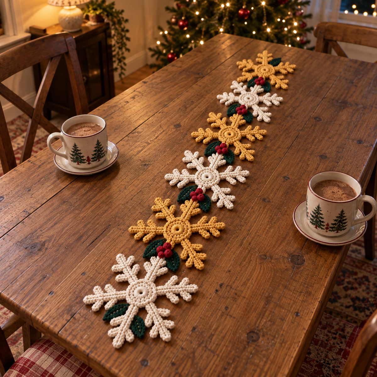 Snowflake Garland crochet table runner with alternating ivory and gold snowflakes, holly leaves and red berries on a kitchen table in the evening.