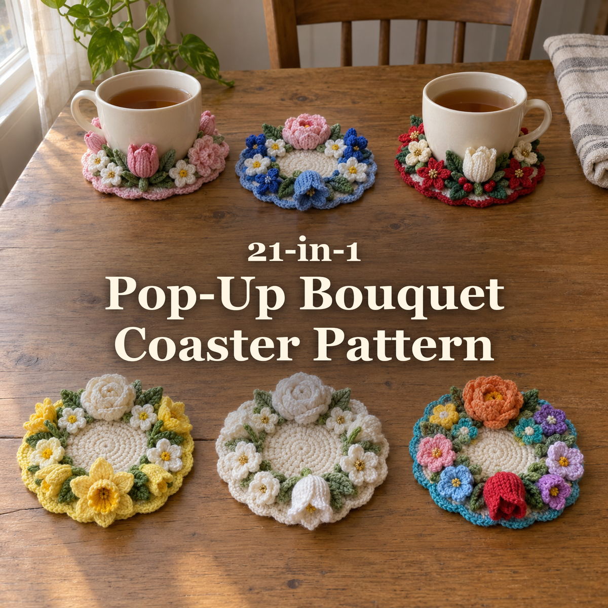Six crocheted flower bouquet coasters on a wooden table, two holding teacups, with the title 21-in-1 Pop-Up Bouquet Coaster Pattern.