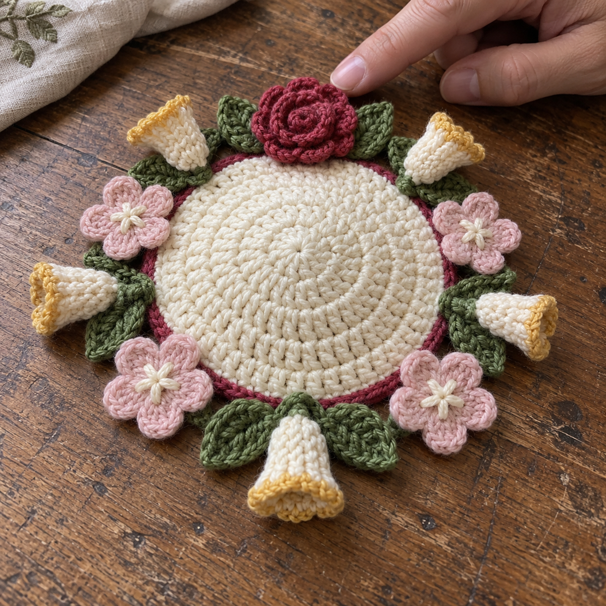 A fingertip beside a rose-red crocheted rose, with cream and gold honeysuckle tubes and pale-pink flowers surrounding an ivory domed coaster.