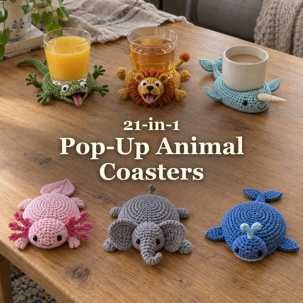 Six animal crochet coasters on a wooden home table: Oscar Lizard, Axolotl, Lion, Elephant, Whale and Narwhal. Three cups flatten their discs, with head and edge parts tipped up; the empty coasters rest as low domes with splayed appendages. Title: 21-in-1 Pop-Up Animal Coasters.