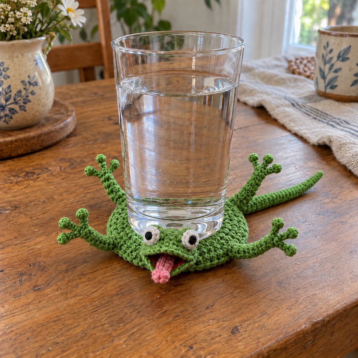 A glass set on a green Oscar Lizard crochet coaster presses its disc flat. Two white eyes stand upright above an open mouth and pink tongue; four splayed three-toed legs tip up around the glass and a long slim tail curves behind.