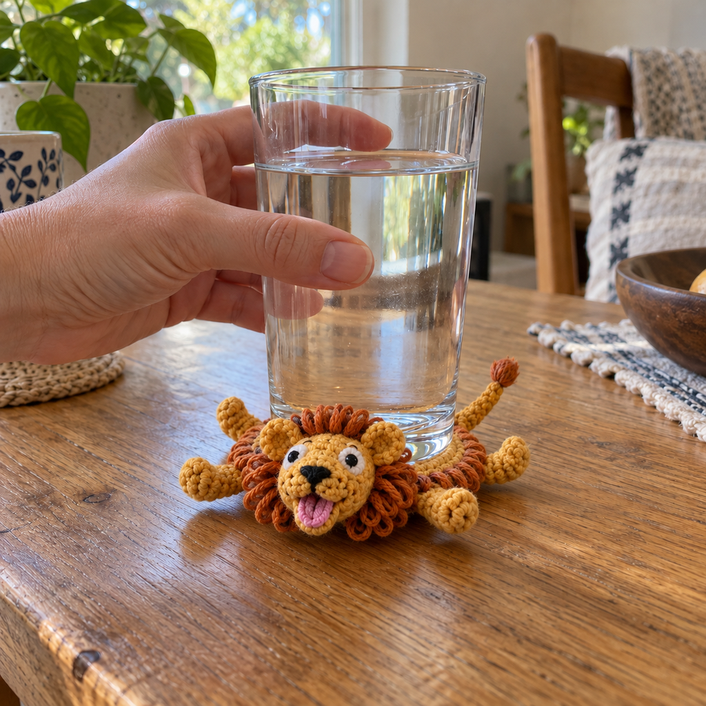 An adult hand sets a glass down onto a golden Lion crochet coaster. Its disc is pressed flat while its open-mouth head, two eyes, amber loop mane and legs rise around the glass.