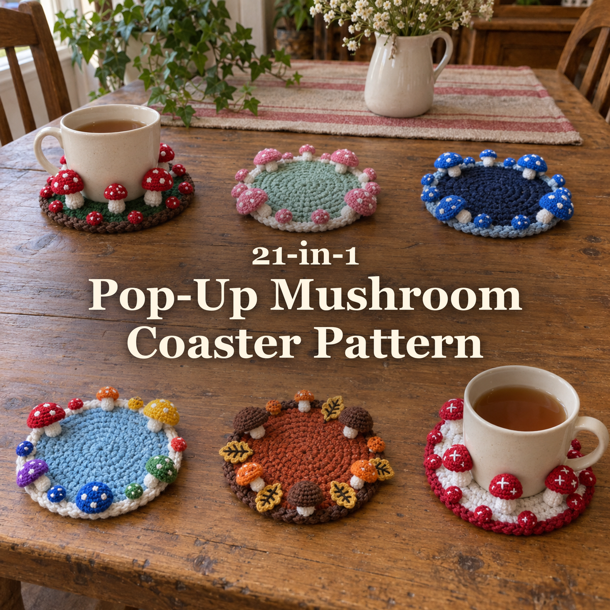 Six crochet mushroom coasters and two cups of tea on a wooden table beneath the title 21-in-1 Pop-Up Mushroom Coaster Pattern.