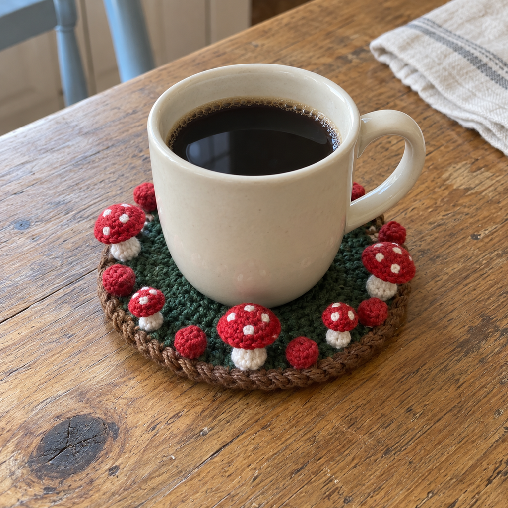 A plain ivory mug of coffee on a dark-green crochet coaster with a brown rope edge and small red-and-white mushrooms around the rim.