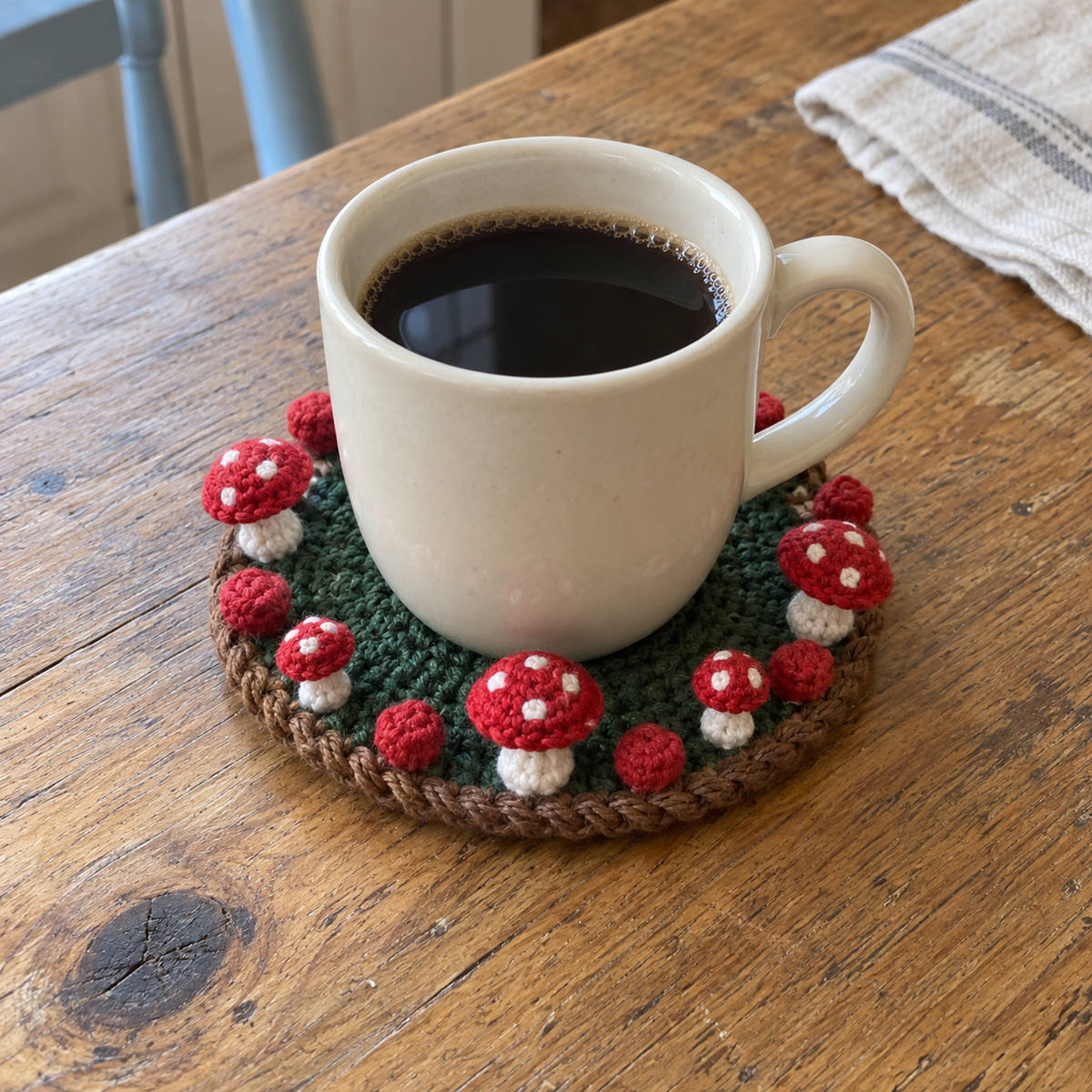 A plain ivory mug of coffee on a dark-green crochet coaster with a brown rope edge and small red-and-white mushrooms around the rim.