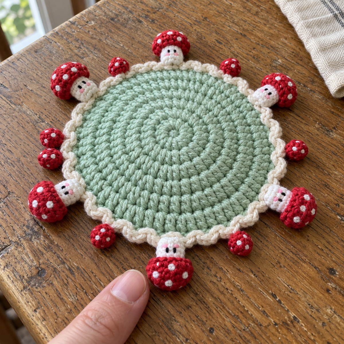 A mint crochet coaster with a cream rope edge and tiny red mushrooms with stitched eyes and pink cheeks on their white stems, beside a fingertip.