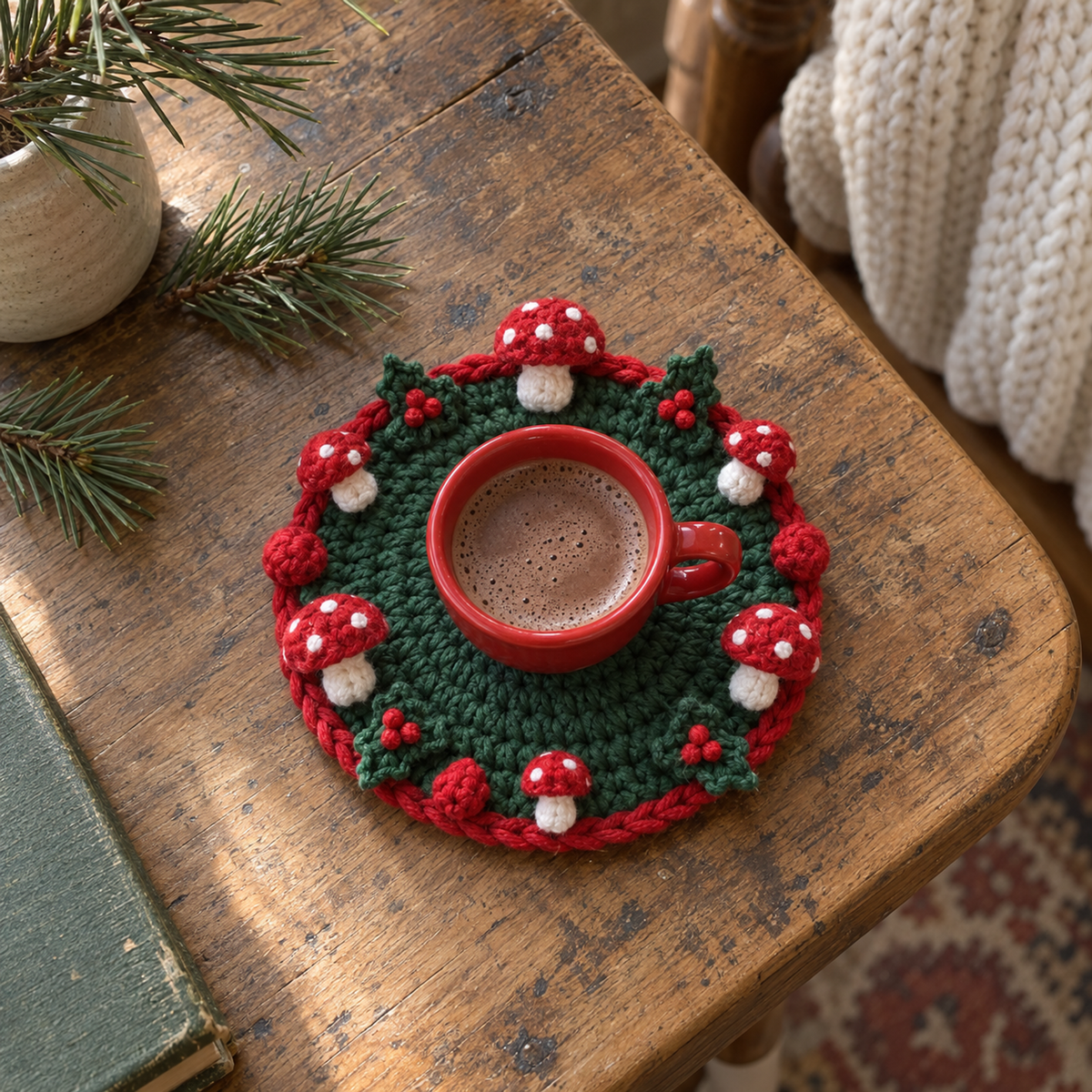A small red cup of cocoa on a green crochet coaster with a red edge, red mushrooms and holly leaves, beside pine sprigs and a cream knitted throw.