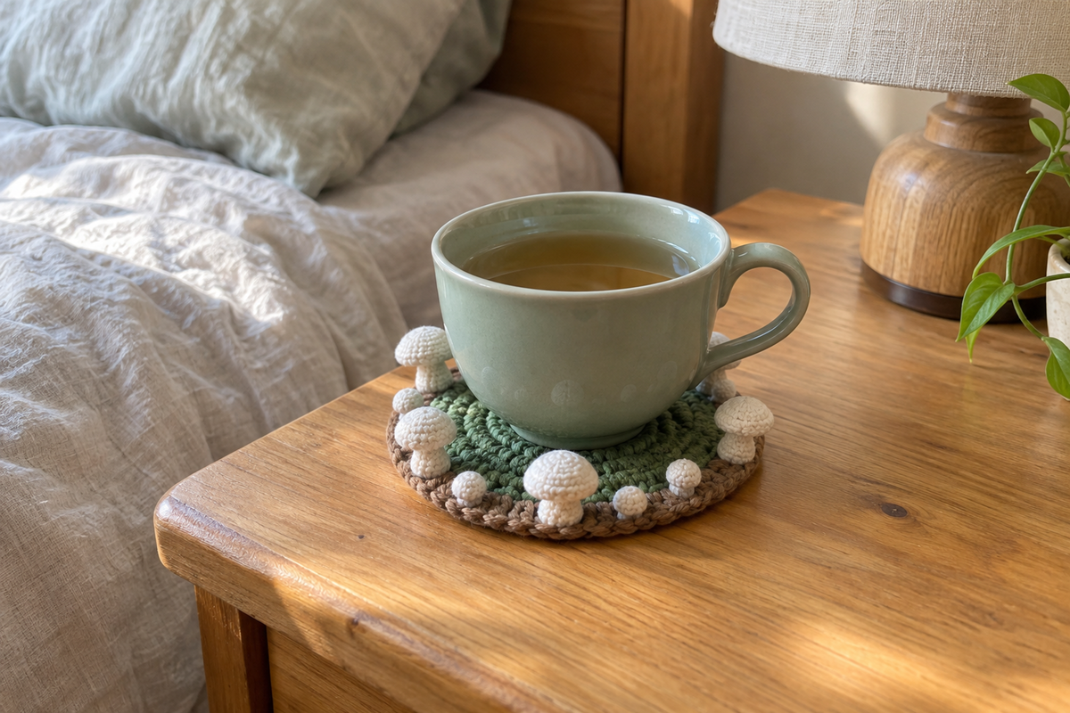Button Mushroom crochet mushroom coaster: moss green base, light brown edge, plain white caps, with a cup set on it, the mushrooms standing up round its foot.