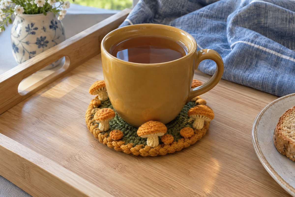 Chanterelle crochet mushroom coaster: moss green base, ochre edge, plain golden orange caps, with a cup set on it, the mushrooms standing up round its foot.
