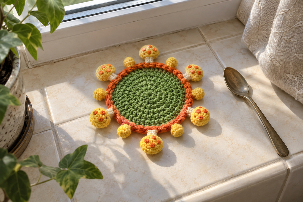 Golden Sun crochet mushroom coaster: leaf green base, orange edge, yellow caps, orange spots, with no cup, the mushrooms lying out round the rim.