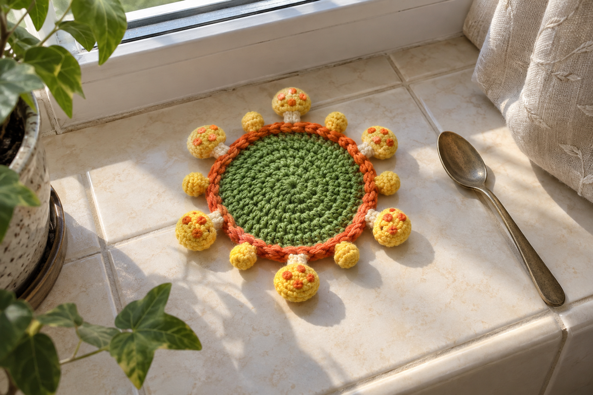 Golden Sun crochet mushroom coaster: leaf green base, orange edge, yellow caps, orange spots, with no cup, the mushrooms lying out round the rim.