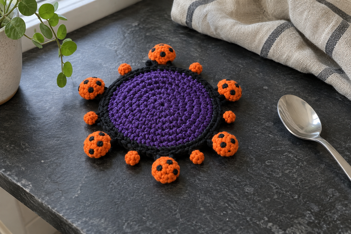 Halloween crochet mushroom coaster: purple base, black edge, orange caps, black spots, with no cup, the mushrooms lying out round the rim.