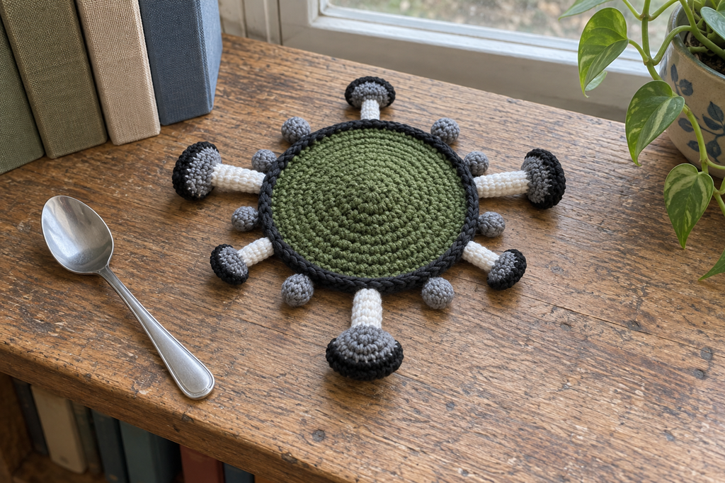 Inkcap crochet mushroom coaster: moss green base, charcoal edge, plain grey caps, with no cup, the mushrooms lying out round the rim.