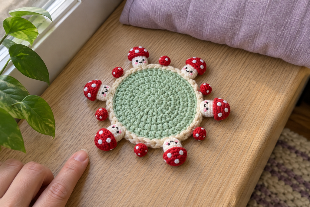 Kawaii Faces crochet mushroom coaster: mint base, cream edge, red caps, white spots, with no cup, the mushrooms lying out round the rim.