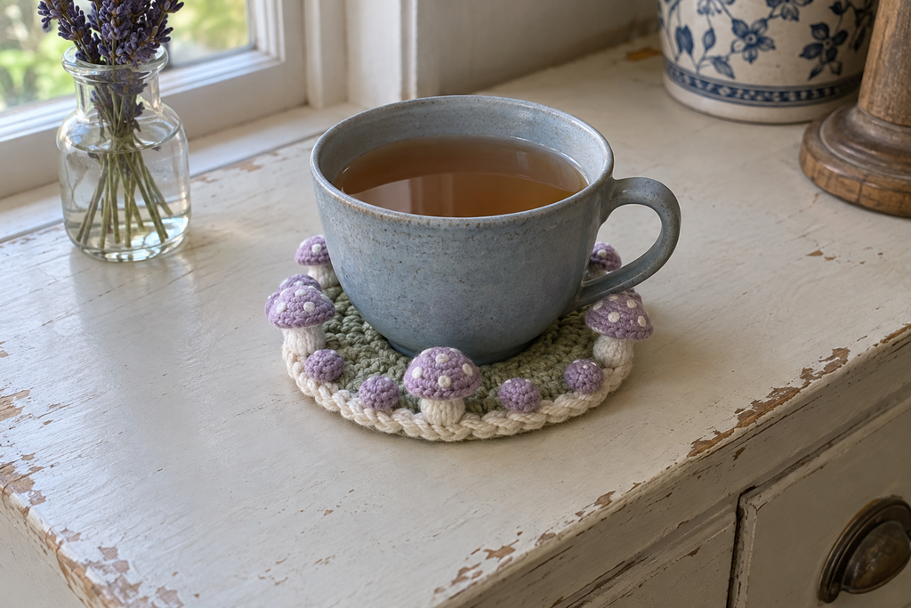 Lavender Dream crochet mushroom coaster: sage base, cream edge, lilac caps, white spots, with a cup set on it, the mushrooms standing up round its foot.