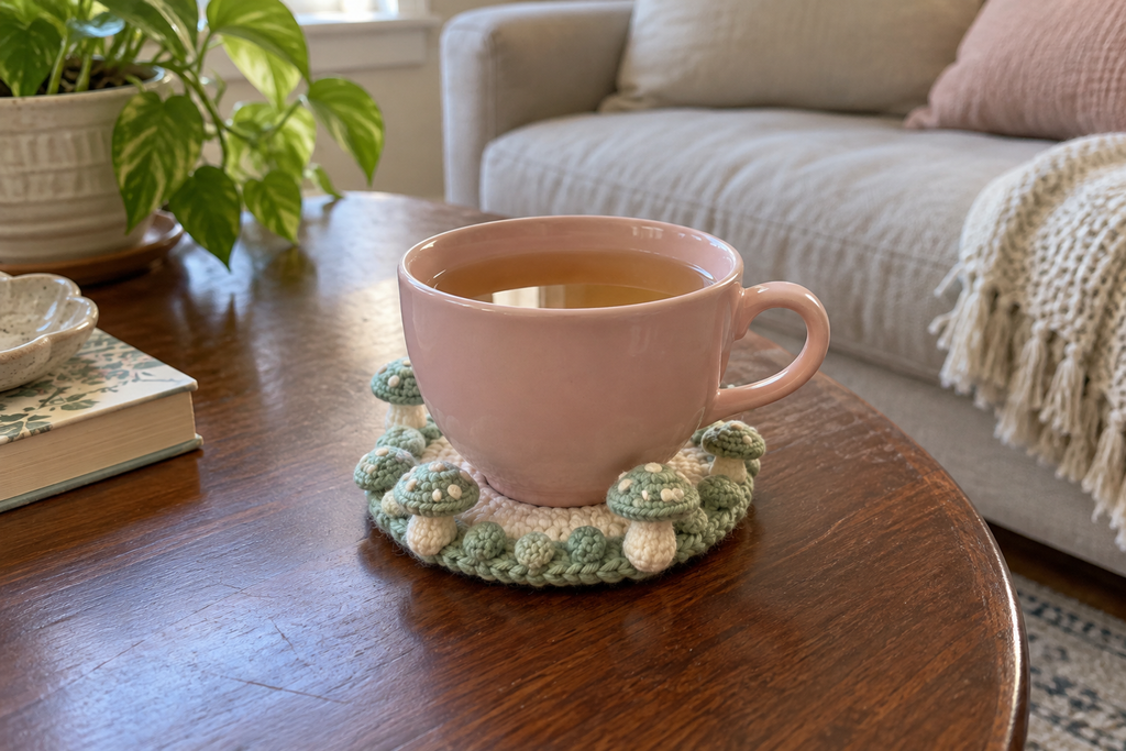 Mint & Cream crochet mushroom coaster: cream base, mint edge, mint caps, cream spots, with a cup set on it, the mushrooms standing up round its foot.