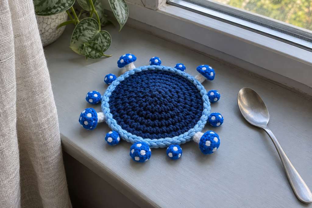 Night Glow crochet mushroom coaster: navy base, light blue edge, bright blue caps, white spots, with no cup, the mushrooms lying out round the rim.