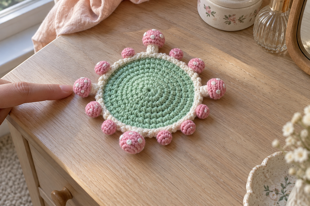 Pink Fairy crochet mushroom coaster: mint base, white edge, pink caps, white spots, with no cup, the mushrooms lying out round the rim.