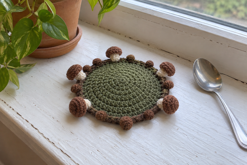 Porcini crochet mushroom coaster: moss green base, brown edge, plain chestnut brown caps, with no cup, the mushrooms lying out round the rim.