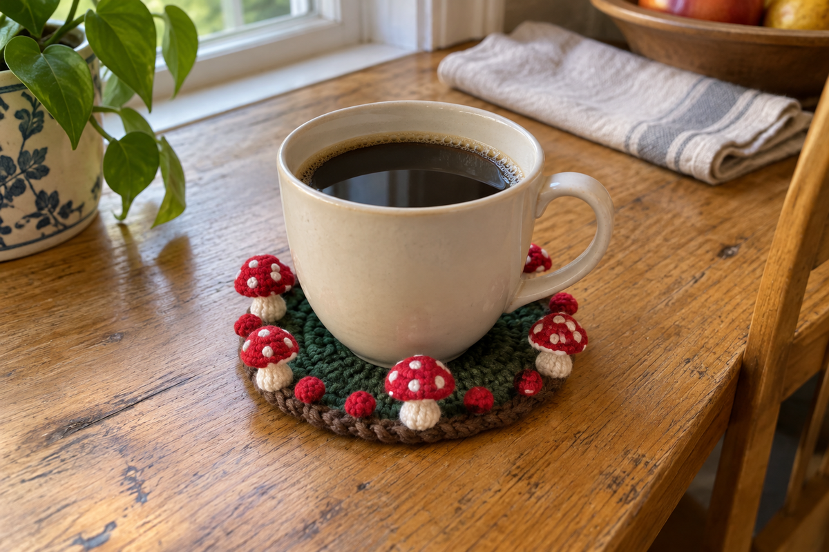 Red Toadstool crochet mushroom coaster: dark green base, brown edge, red caps, white spots, with a cup set on it, the mushrooms standing up round its foot.