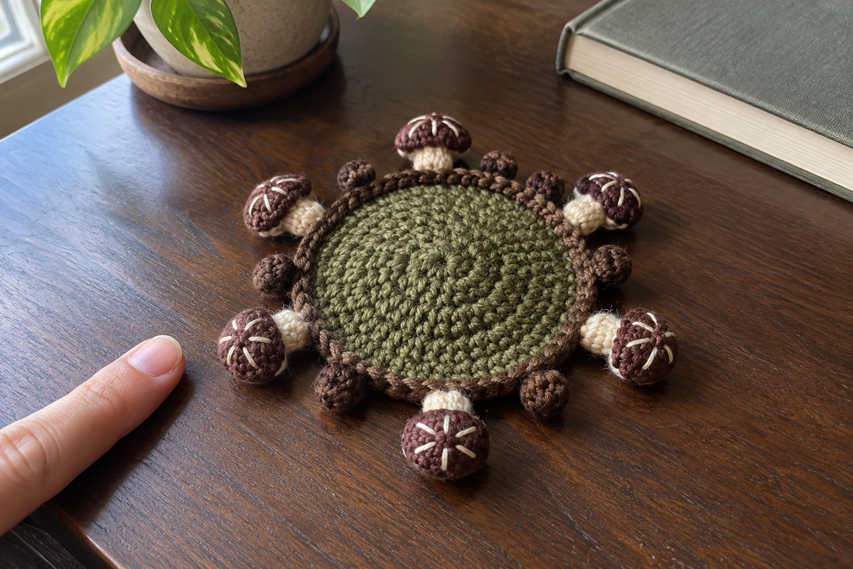 Shiitake crochet mushroom coaster: moss green base, brown edge, plain dark brown caps, with no cup, the mushrooms lying out round the rim.