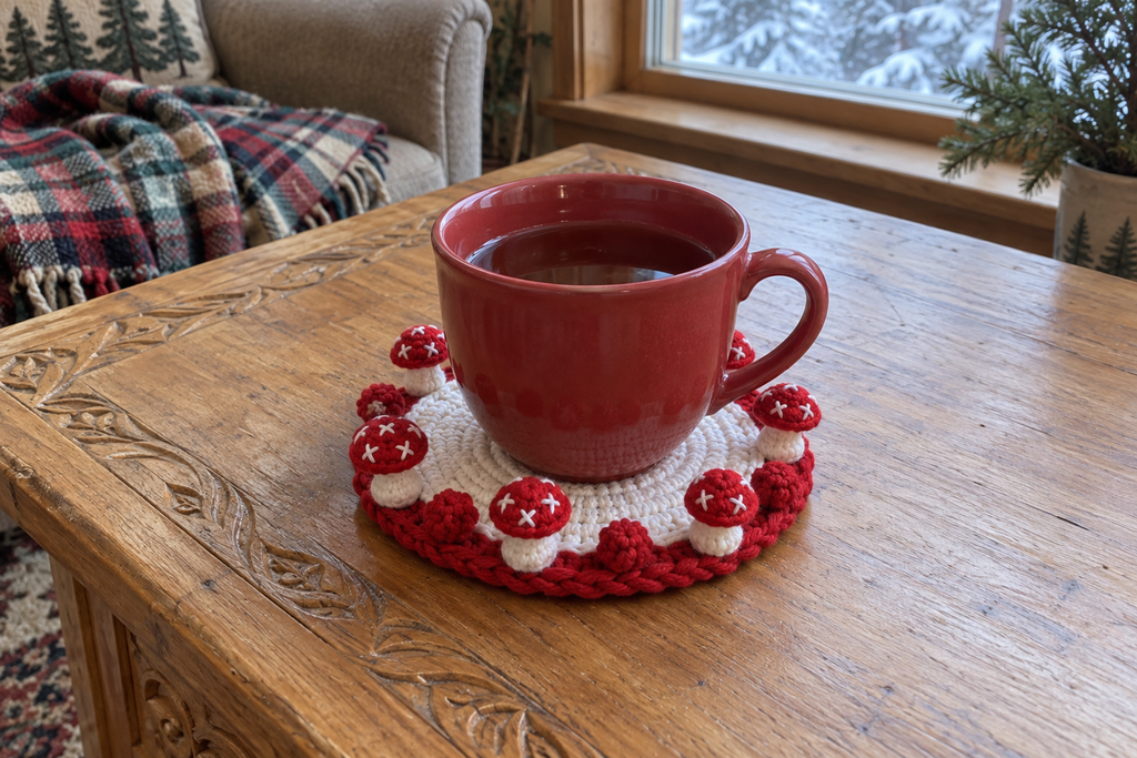 Snowy Christmas crochet mushroom coaster: white base, red edge, red caps, white snow spots, with a cup set on it, the mushrooms standing up round its foot.