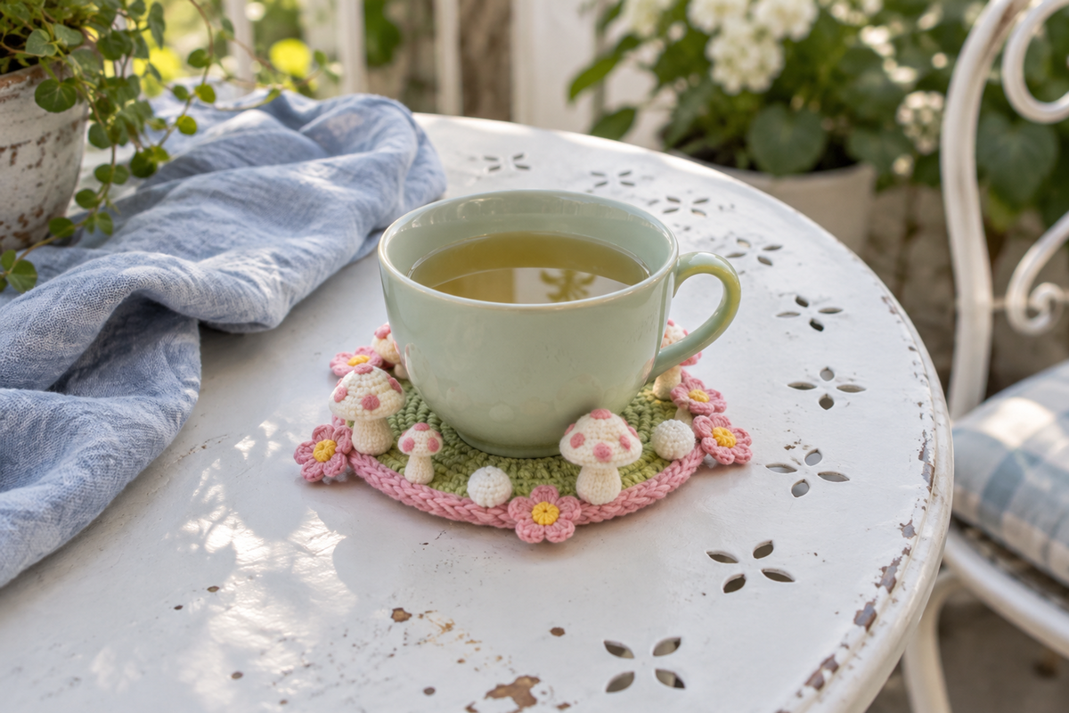 Spring Blossom crochet mushroom coaster: light green base, pink edge, white caps, pink spots, four pink blossoms, with a cup set on it, the mushrooms standing up round its foot.