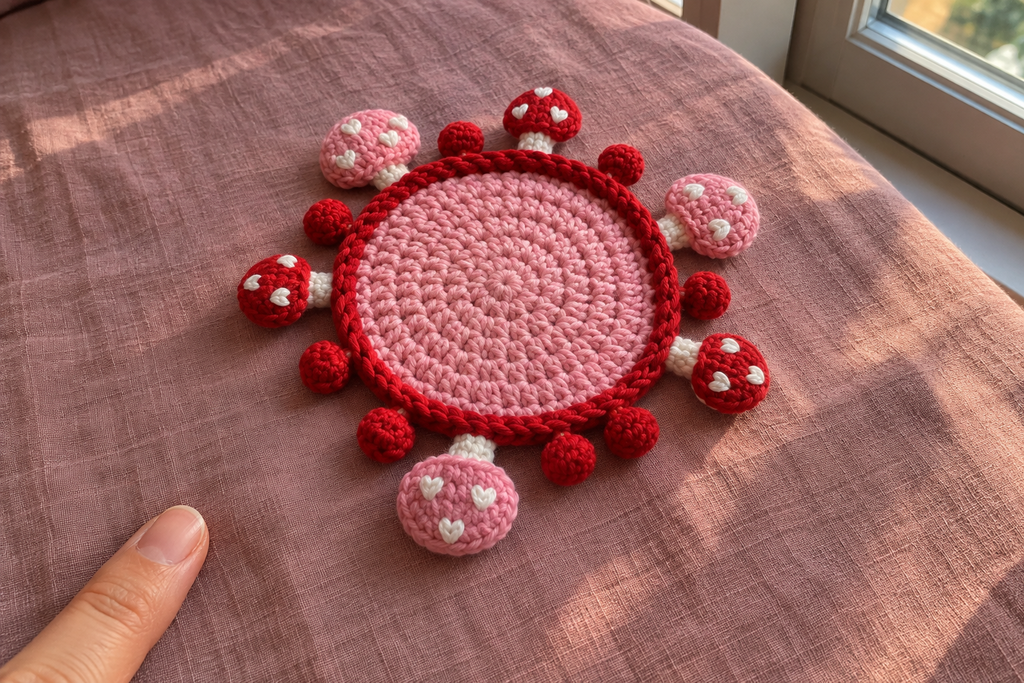 Valentine crochet mushroom coaster: pink base, red edge, pink and red caps, tiny white heart spots, with no cup, the mushrooms lying out round the rim.