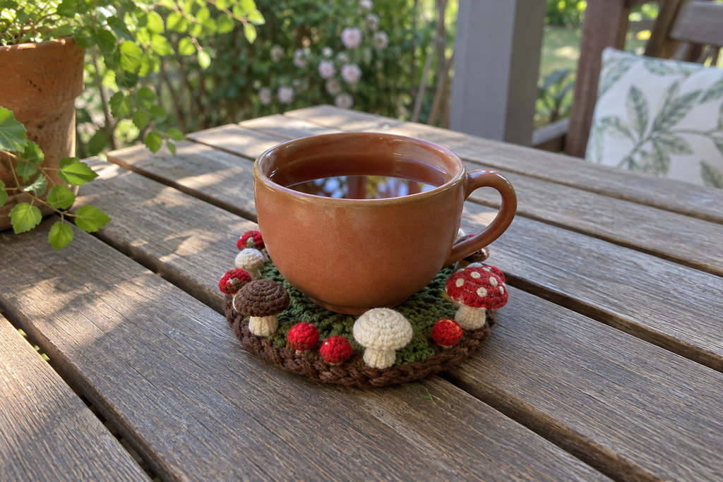 Woodland Mix crochet mushroom coaster: moss green base, brown edge, red, chestnut brown and white caps, white spots on the red caps, with a cup set on it, the mushrooms standing up round its foot.