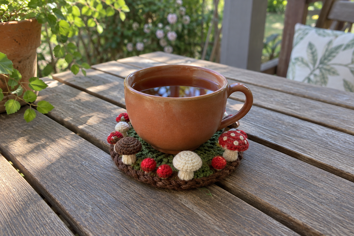 Woodland Mix crochet mushroom coaster: moss green base, brown edge, red, chestnut brown and white caps, white spots on the red caps, with a cup set on it, the mushrooms standing up round its foot.